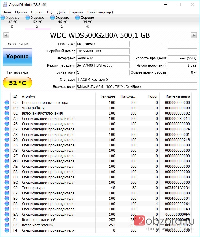 SSD диск WD Blue 500Gb (WDS500G2B0A) нагрев CristalDiskInfo